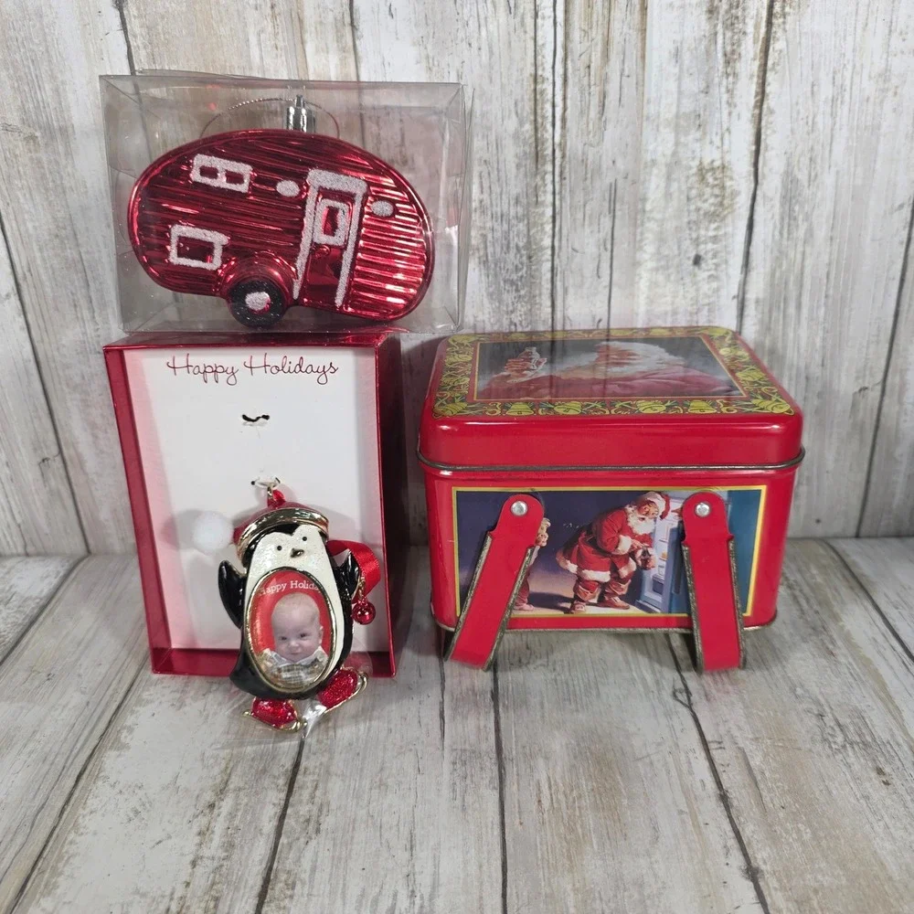Coca-Cola Santa Tin & Christmas Ornaments Bundle Red Camper Penguin Photo Frame